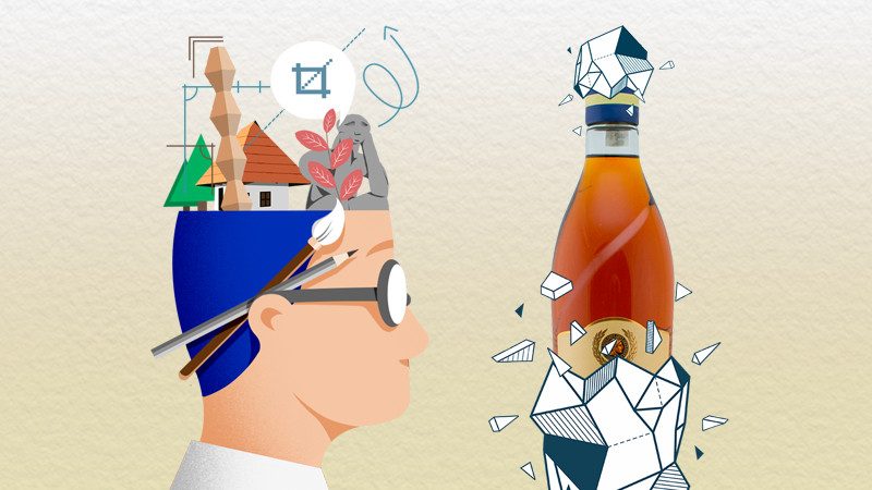 Launch key visual: a designer's head full of Romanian motifs beside the bottle breaking out of its shell.