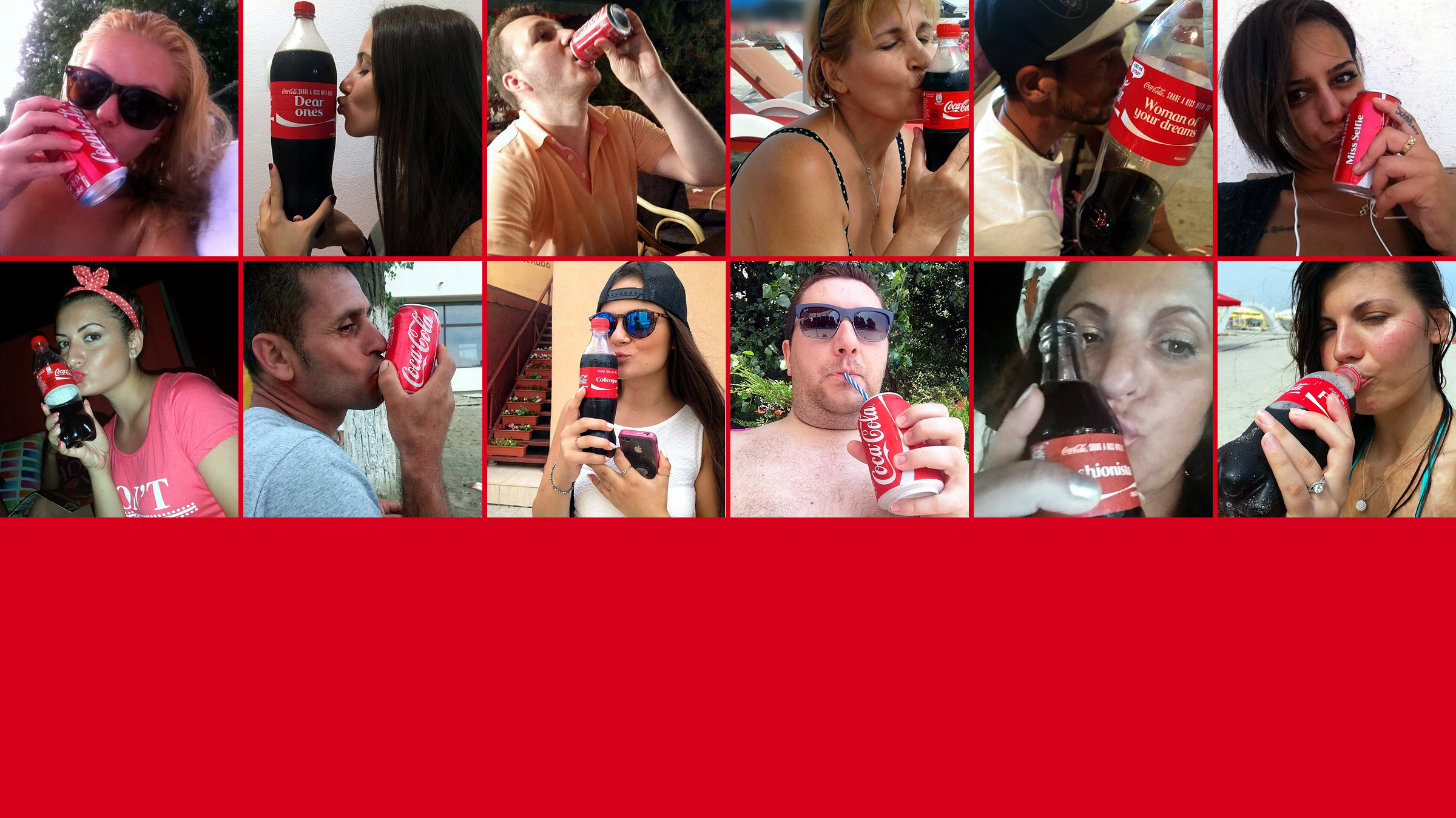 Twelve of the kiss selfies people in Mamaia uploaded as their WiFi password in July 2015, each with a bottle or can of Coca-Cola.