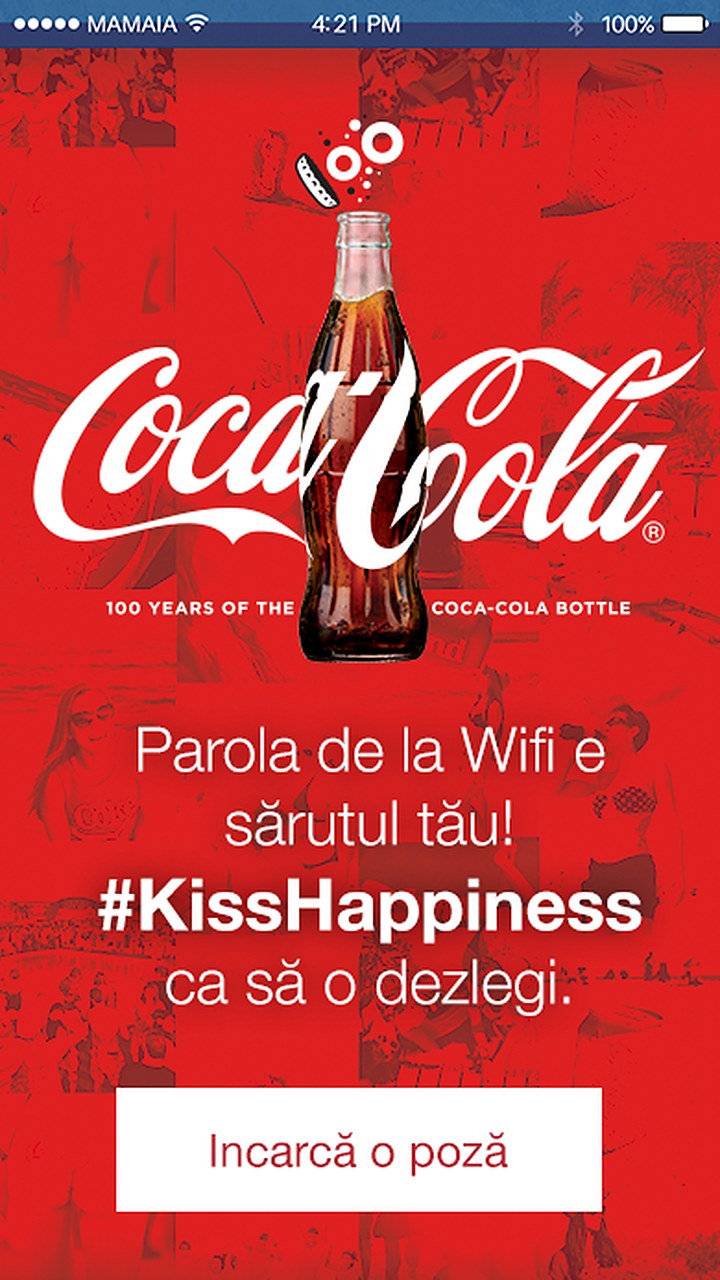 The Coca-Cola Free WiFi login screen in Mamaia, where the password was a selfie kissing a bottle of Coca-Cola.