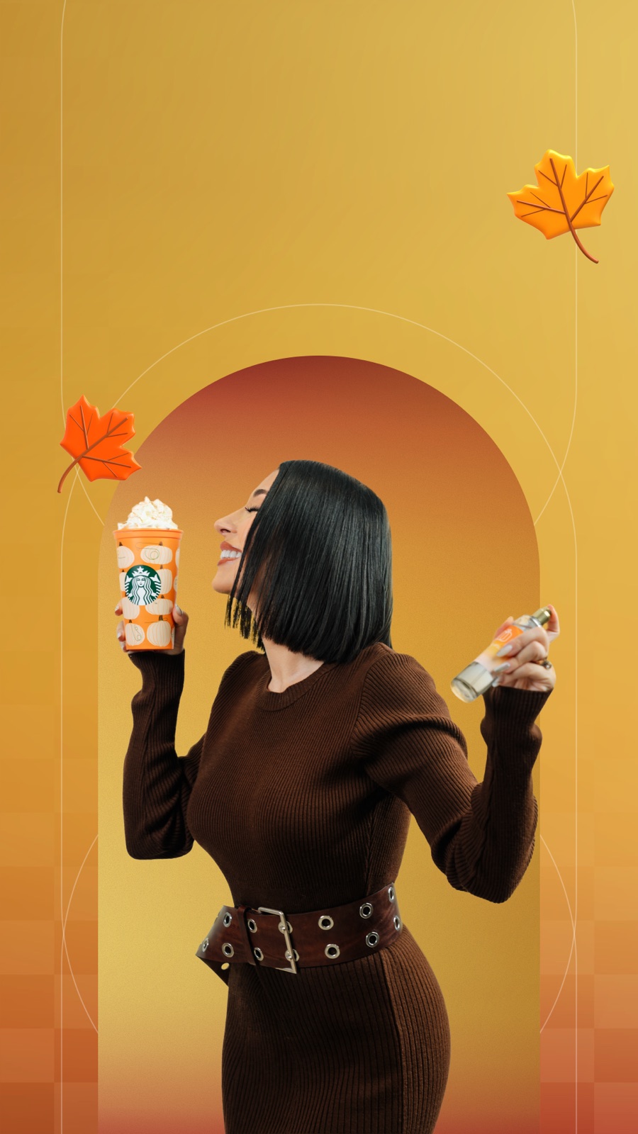 Nicole Cherry wears the season: PSL in one hand, EAU de PSL in the other.