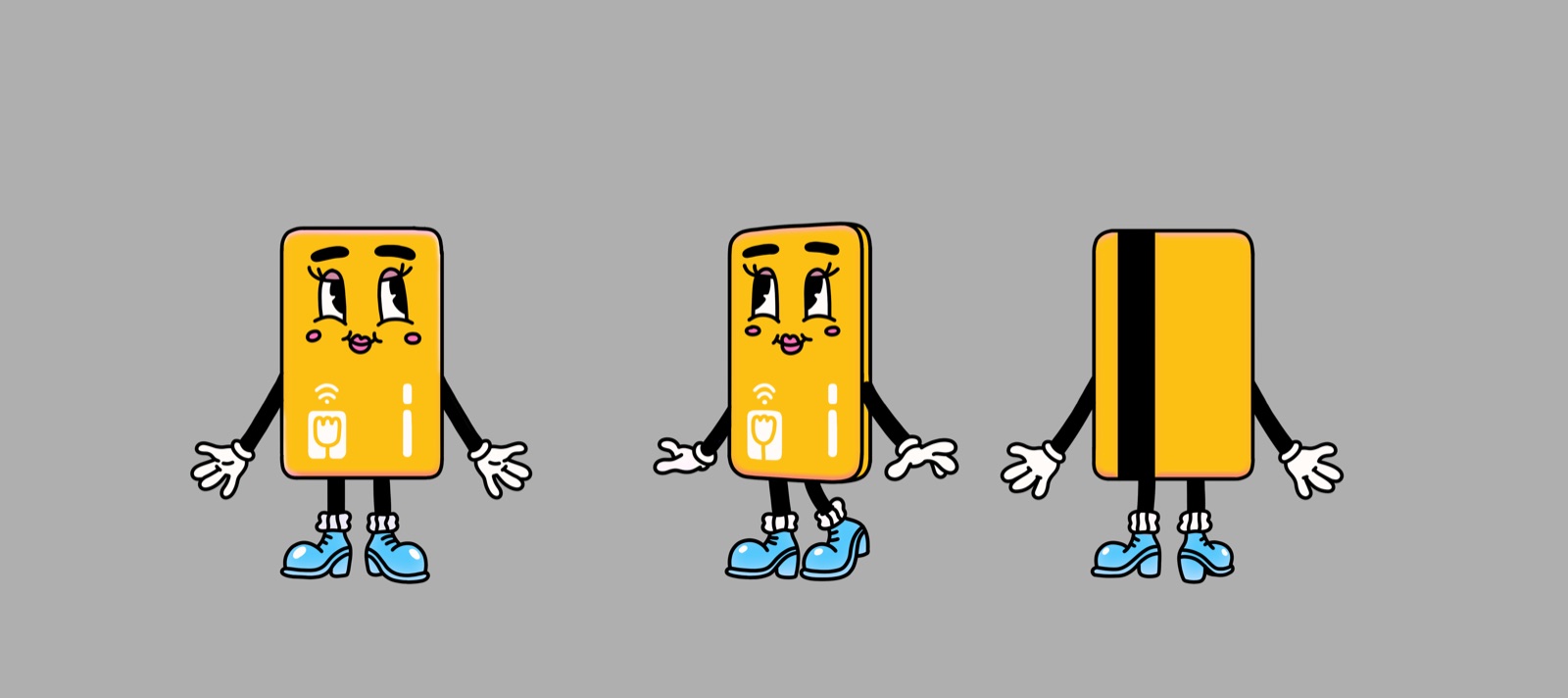Character sheet for Cardi, the Visa card, in front, three-quarter and back views.