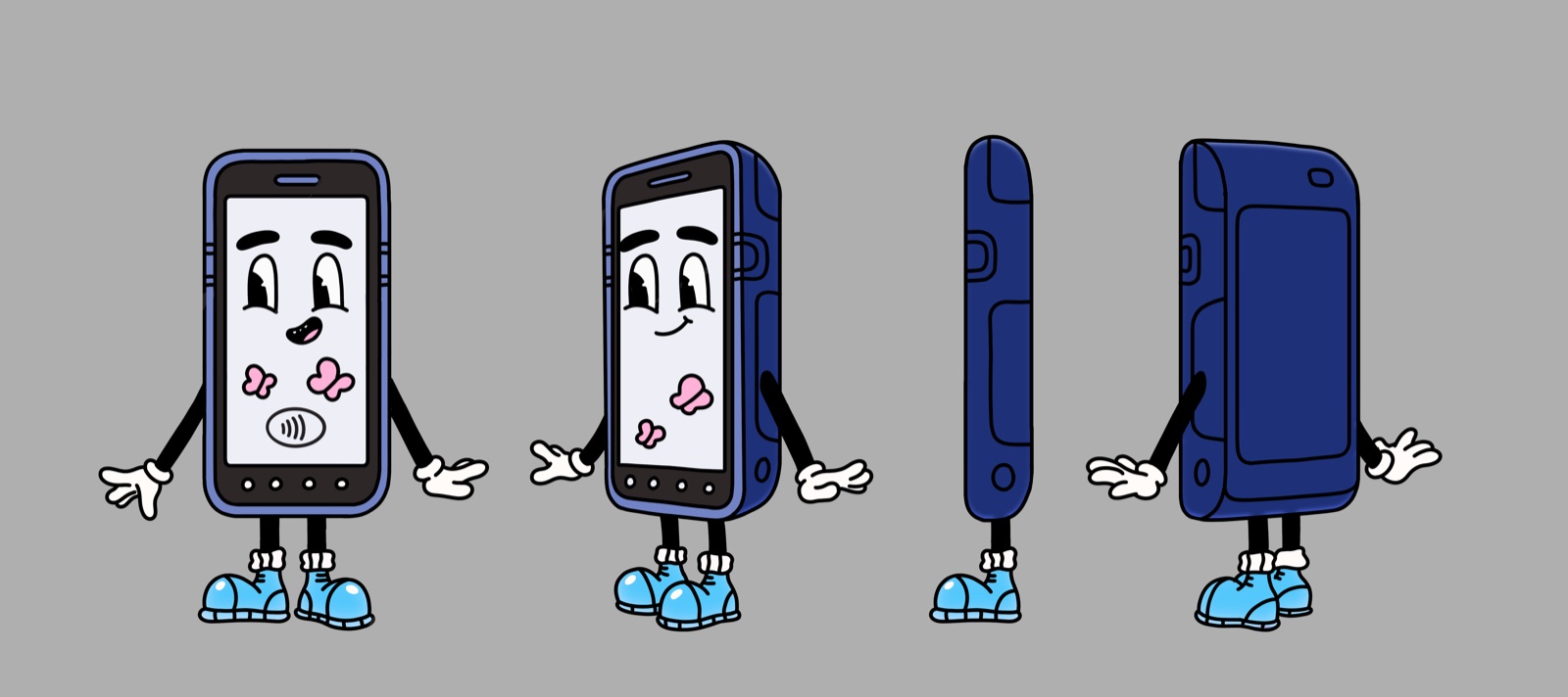 Character sheet for Paddy, the courier's PDA terminal, in four turnaround views.
