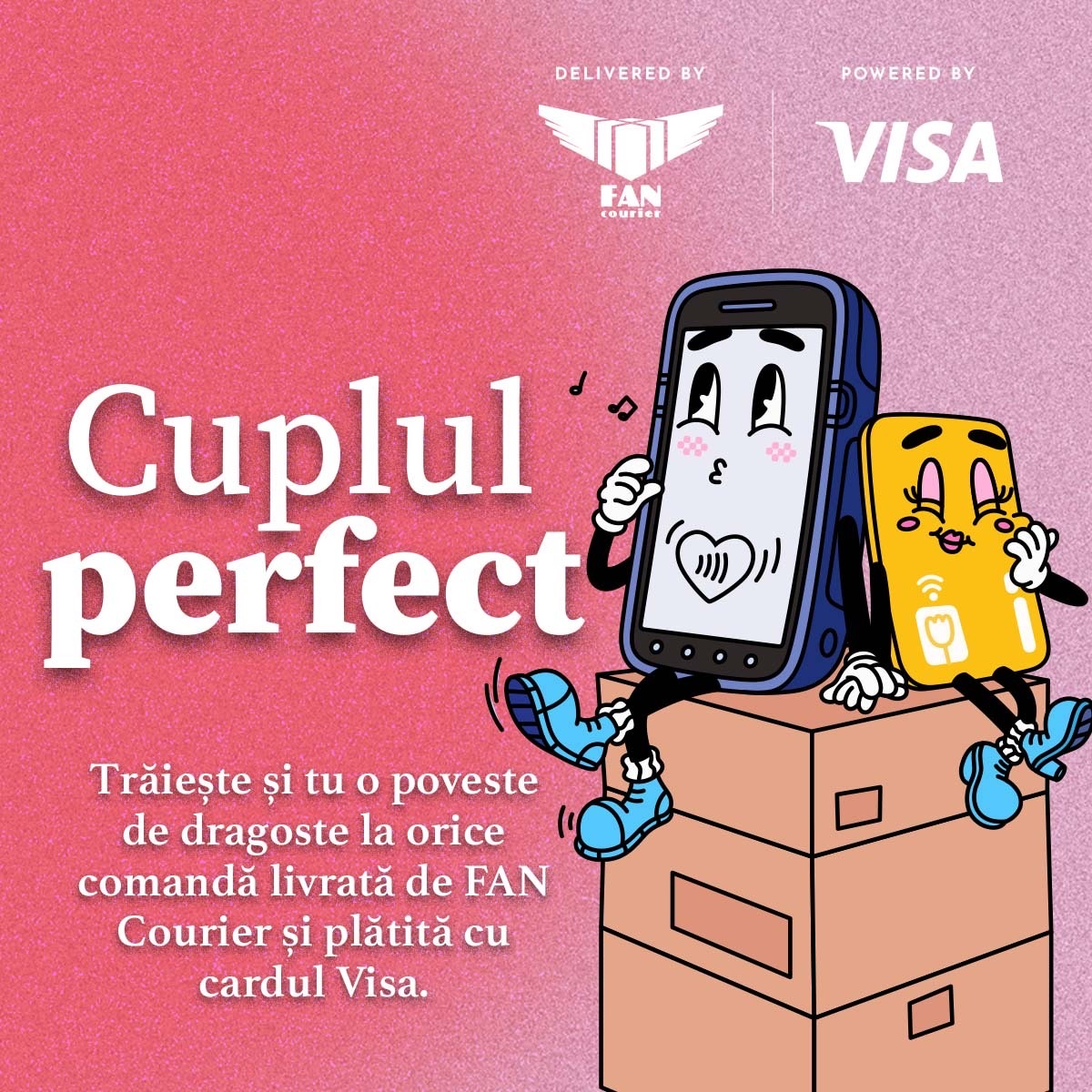 The generic Cuplul perfect key visual: the PDA and the Visa card sitting on a stack of FAN Courier parcels.