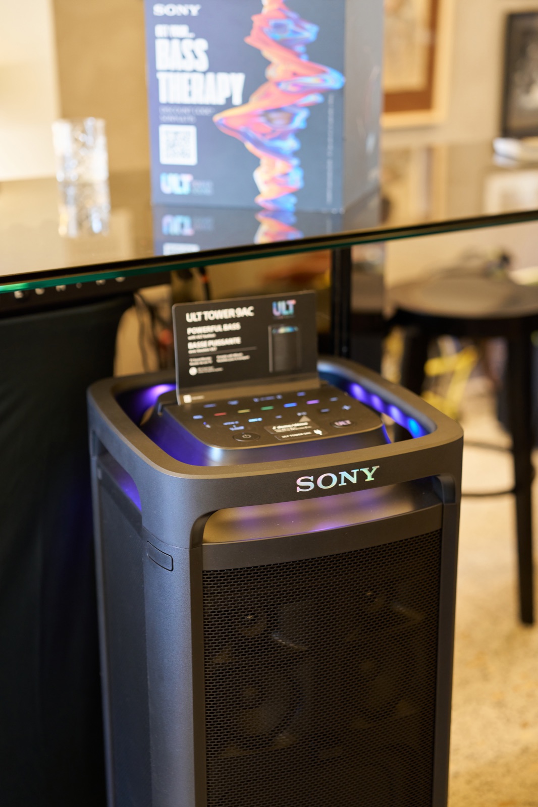 A Sony ULT Tower speaker next to the Bass Therapy standee inside Boiler Calea Victoriei.