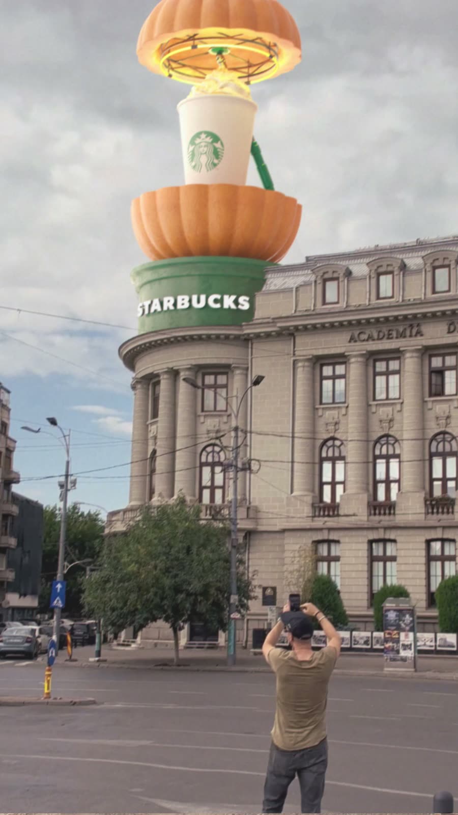 A mechanical pumpkin opens on top of the ASE building in Bucharest to reveal a PSL, the student inside joke of #PSLinvasion.