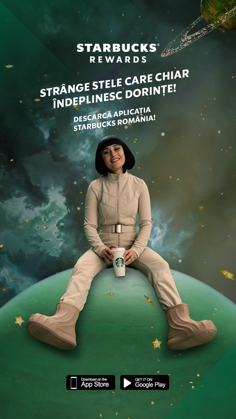 Key visual with Irina Rimes on a green planet: "Strânge stele care chiar îndeplinesc dorințe" (collect stars that actually make wishes come true).